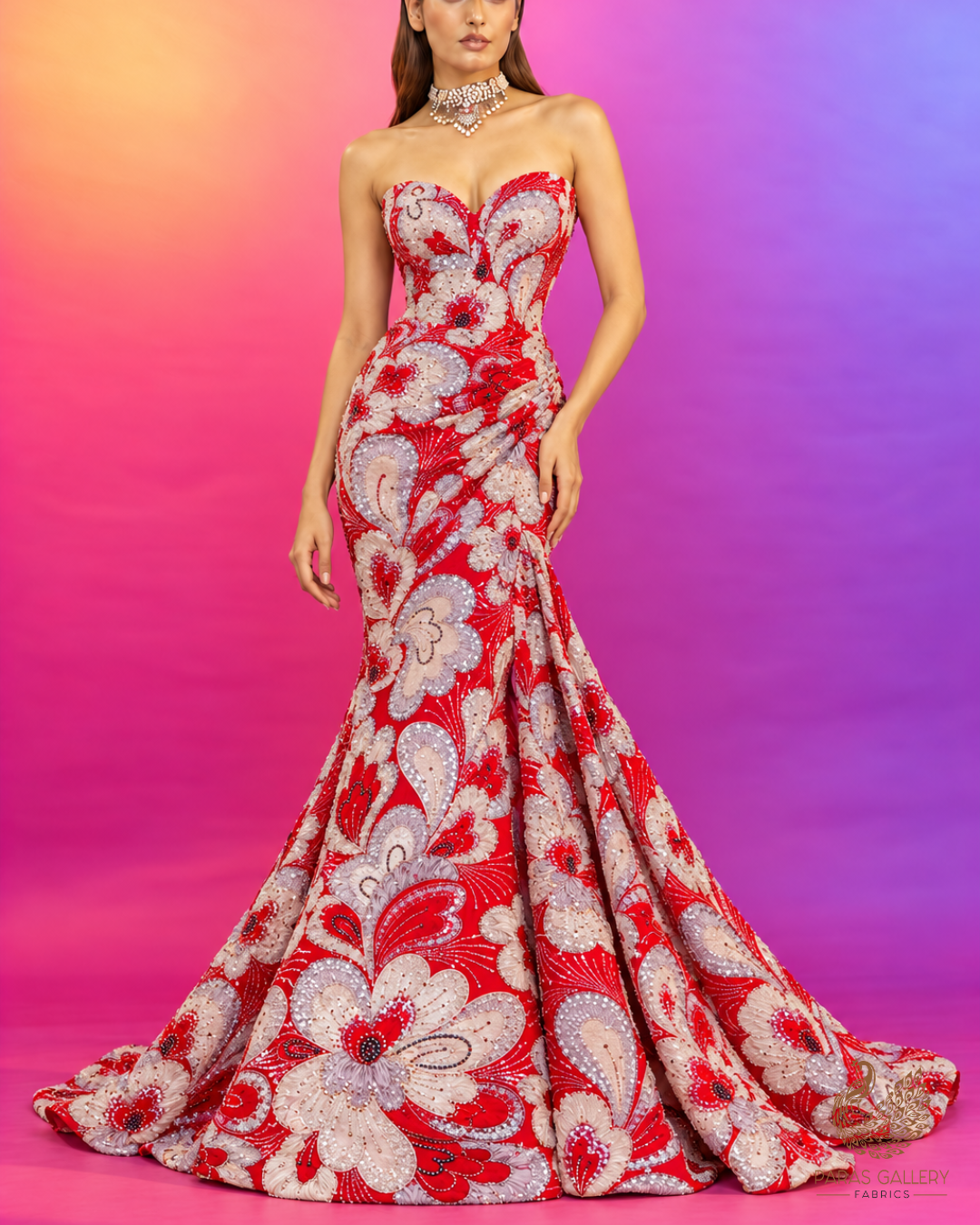 Red Imported Net Fabric With All Over Sequins, Katdana, Bead, Ribbon Work And Velvet Patch Work 24980