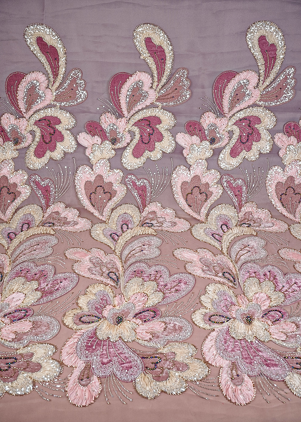 Onion Pink Imported Net Fabric With All Over Sequins, Katdana, Bead, Ribbon Work And Valvet Patch Work 24981