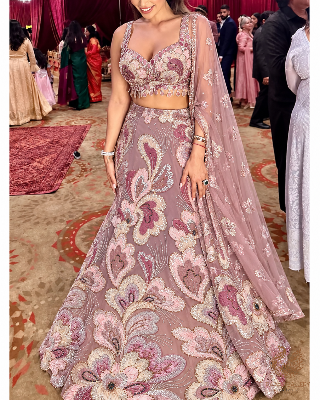 Onion Pink Imported Net Fabric With All Over Sequins, Katdana, Bead, Ribbon Work And Velvet Patch Work 24981