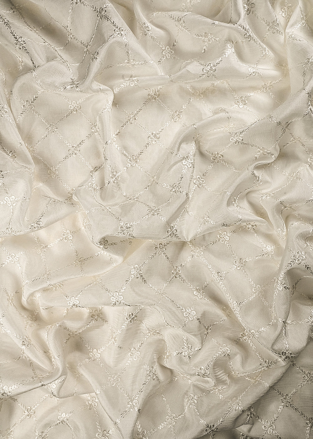 White Dyeable Dola Silk Fabric With All Over Thread And Sequins Work 24986