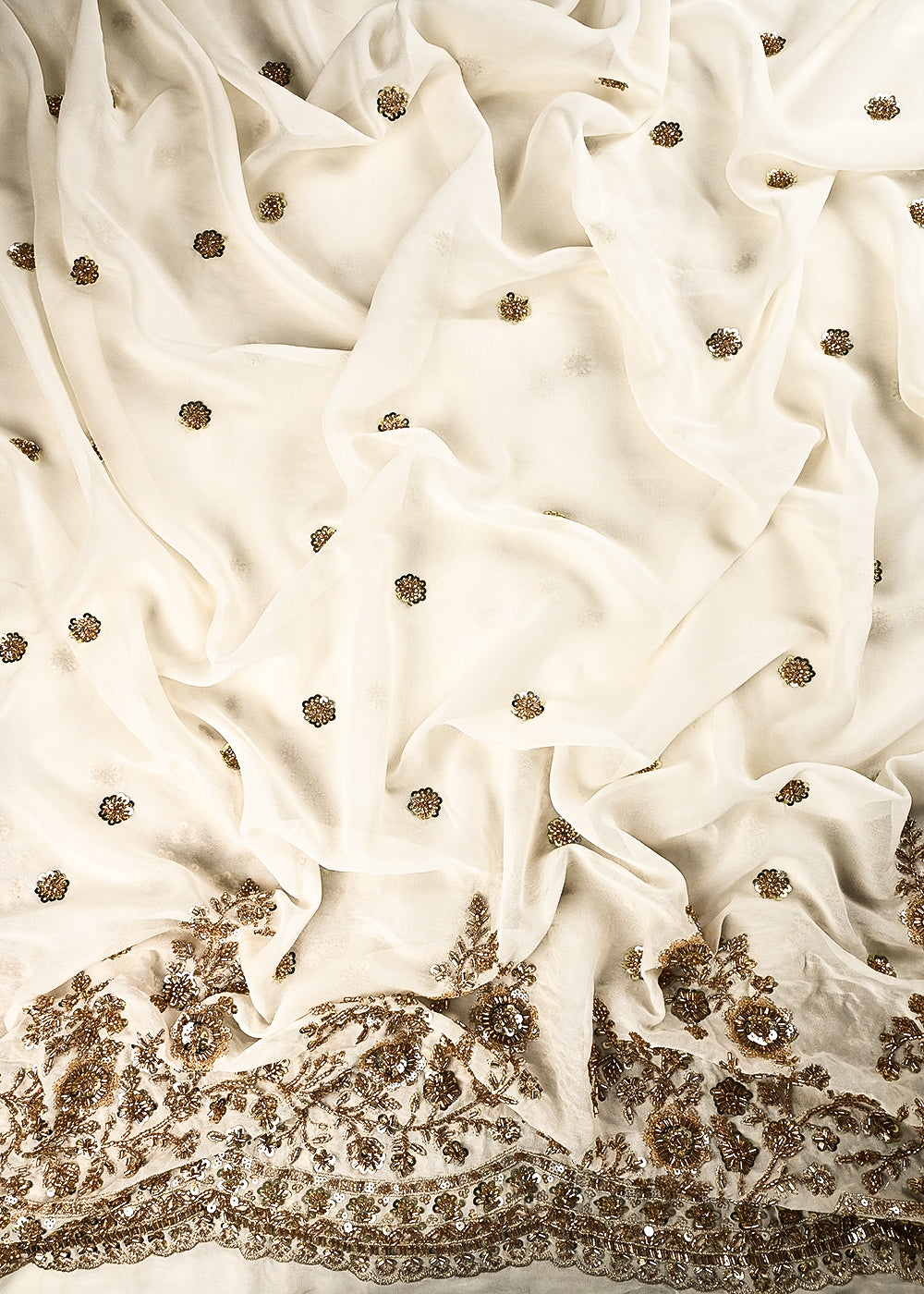 White Dyeable Georgette Fabric With All Over Zari, Sequins And Katdana Work With One Side Heavy Border 24987