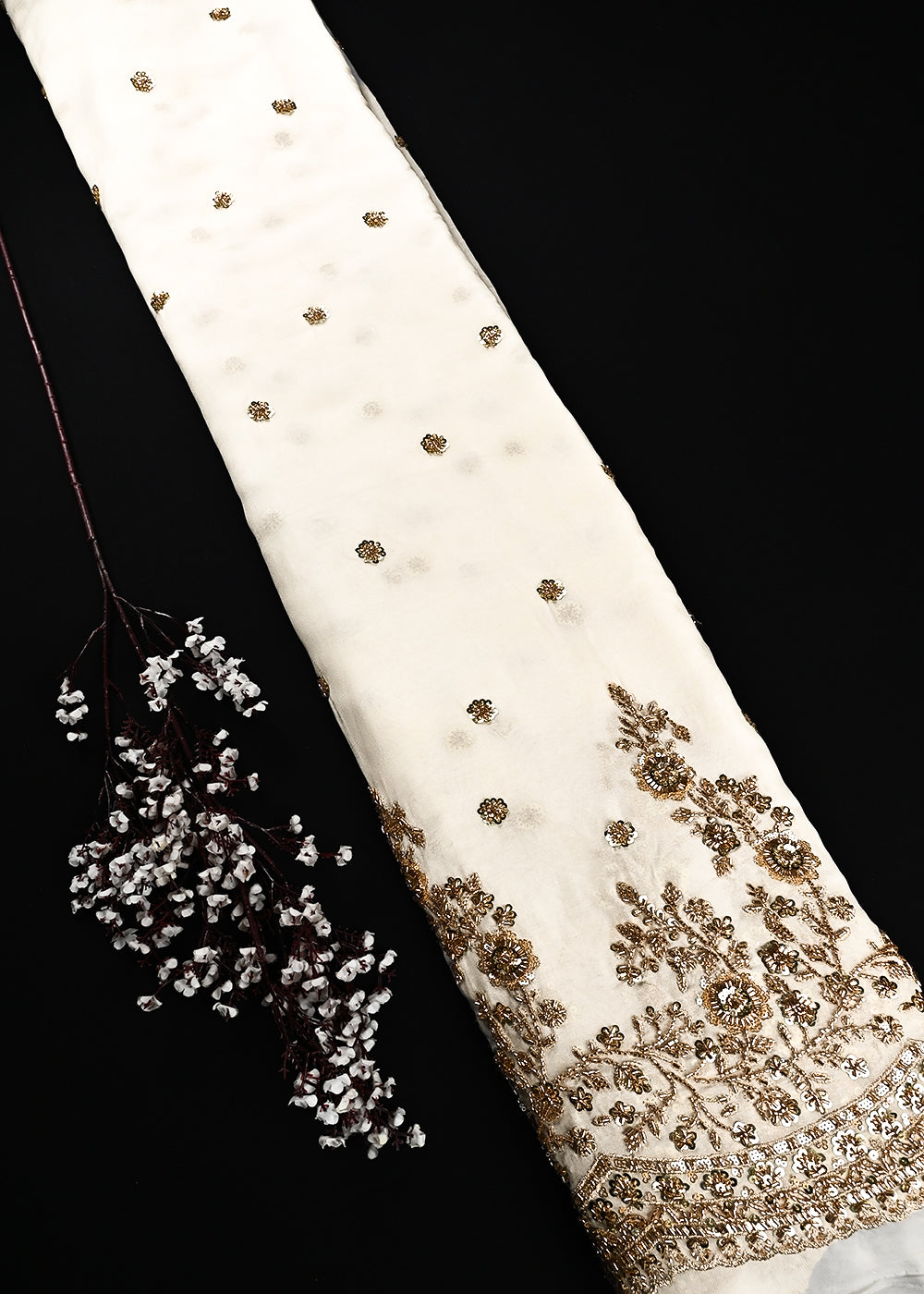 White Dyeable Georgette Fabric With All Over Zari, Sequins And Katdana Work With One Side Heavy Border 24987