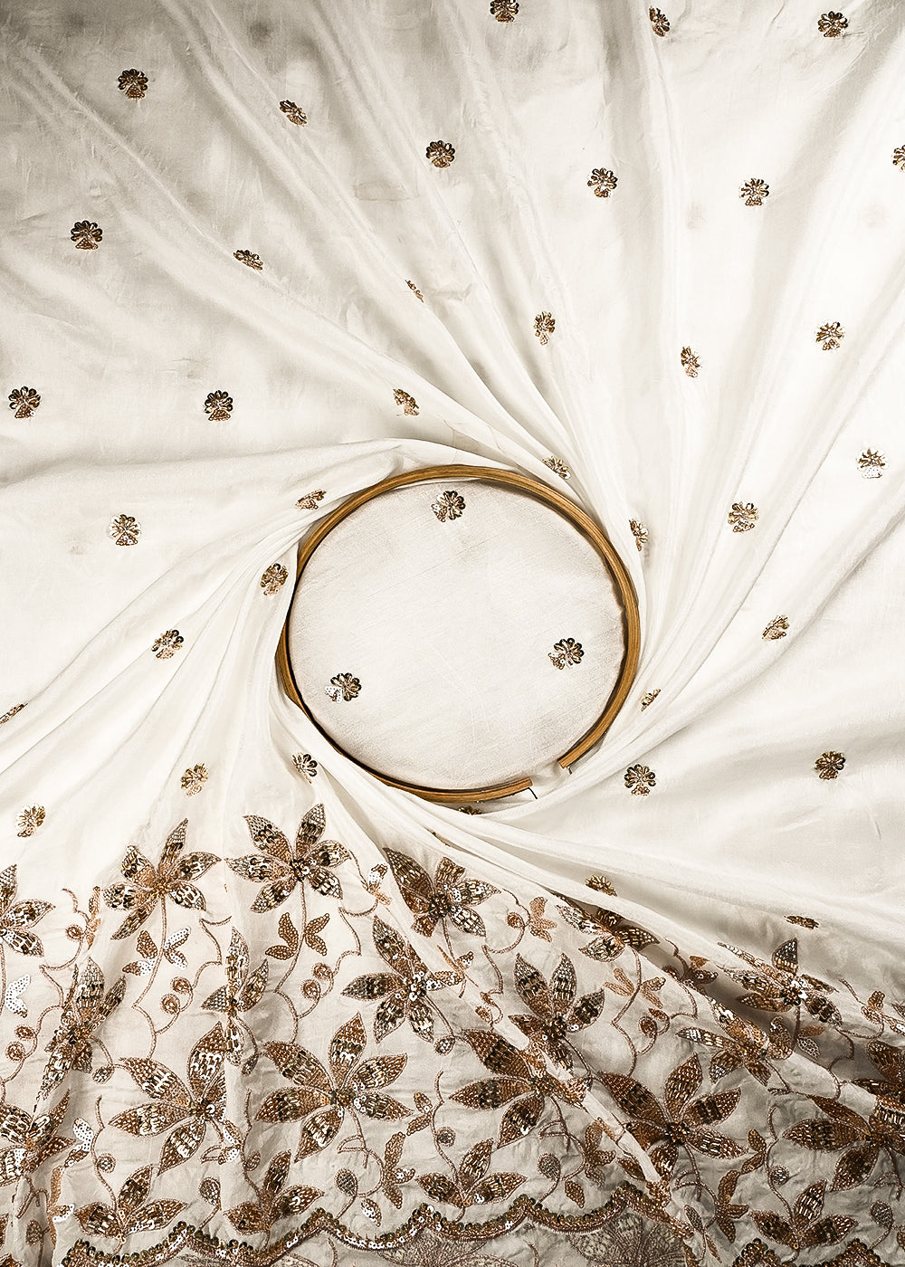 White Dyeable Dola Silk Fabric With All Over Zari, Sequins And Katdana Work With One Side Border 24988