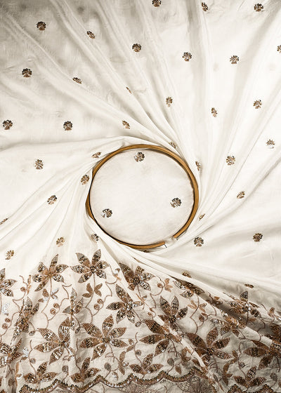 White Dyeable Dola Silk Fabric With All Over Zari, Sequins And Katdana Work With One Side Border 24988