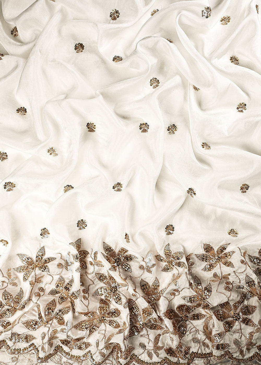 White Dyeable Dola Silk Fabric With All Over Zari, Sequins And Katdana Work With One Side Border 24988