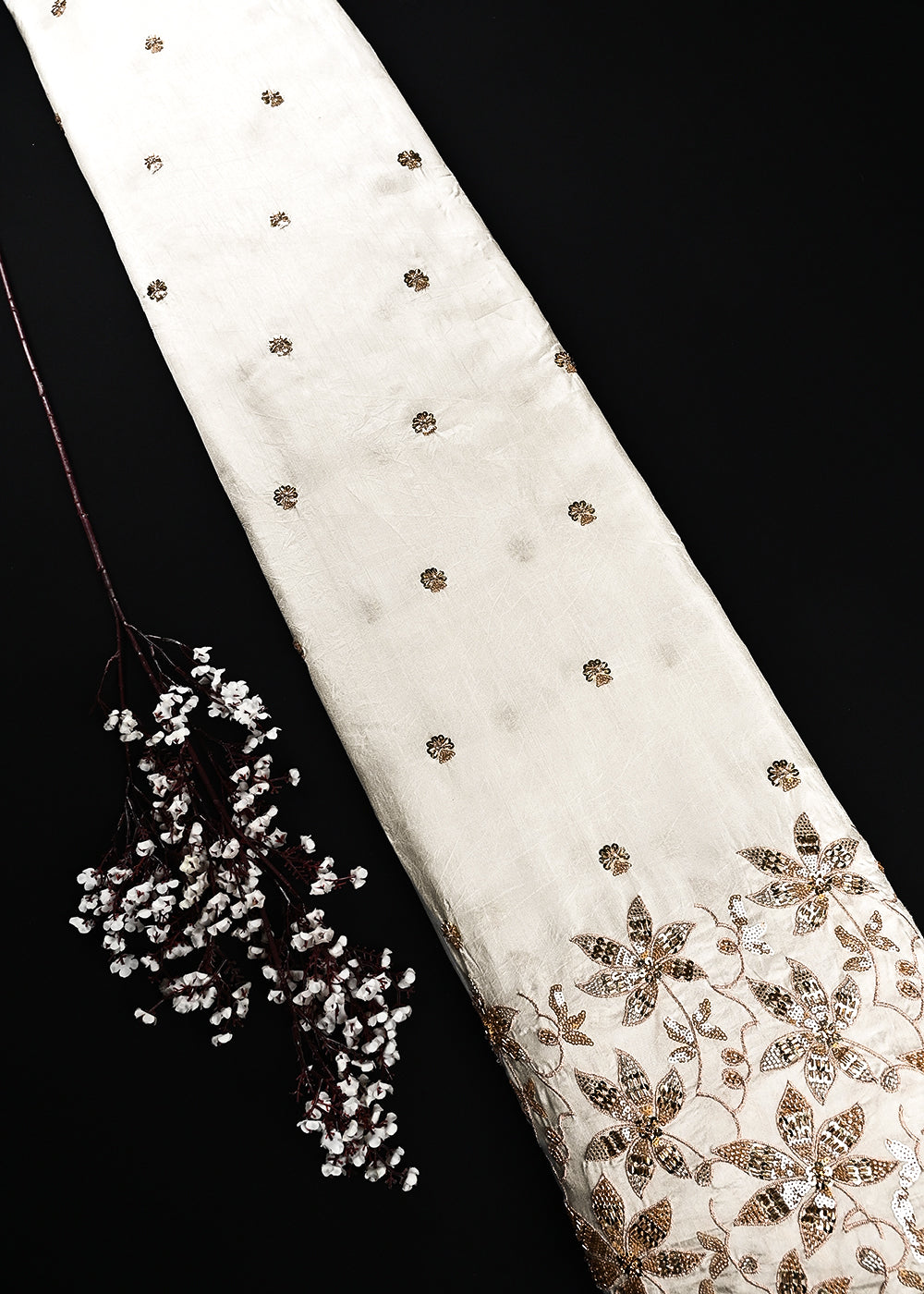 White Dyeable Dola Silk Fabric With All Over Zari, Sequins And Katdana Work With One Side Border 24988