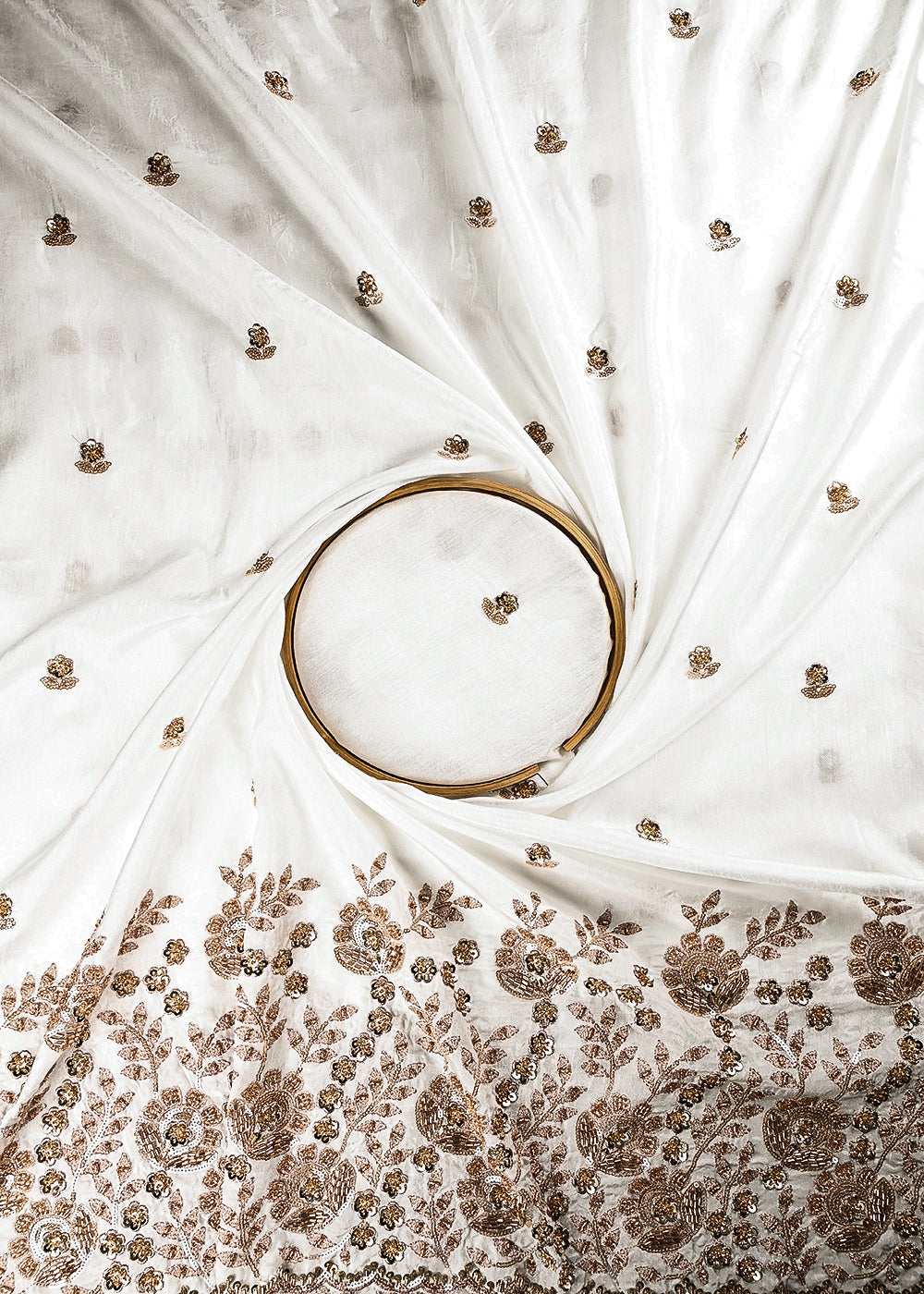 White Dyeable Dola Silk Fabric With All Over Zari, Sequins And Katdana Work With One Side Heavy Border 24989