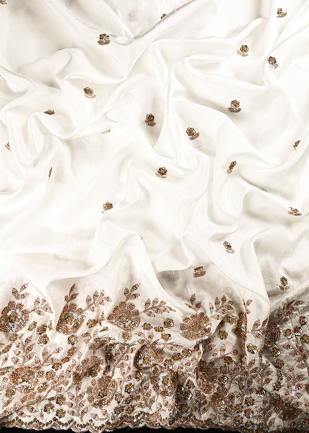 White Dyeable Dola Silk Fabric With All Over Zari, Sequins And Katdana Work With One Side Heavy Border 24989