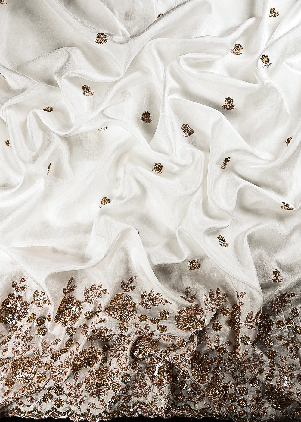 White Dyeable Dola Silk Fabric With All Over Zari, Sequins And Katdana Work With One Side Heavy Border 24989