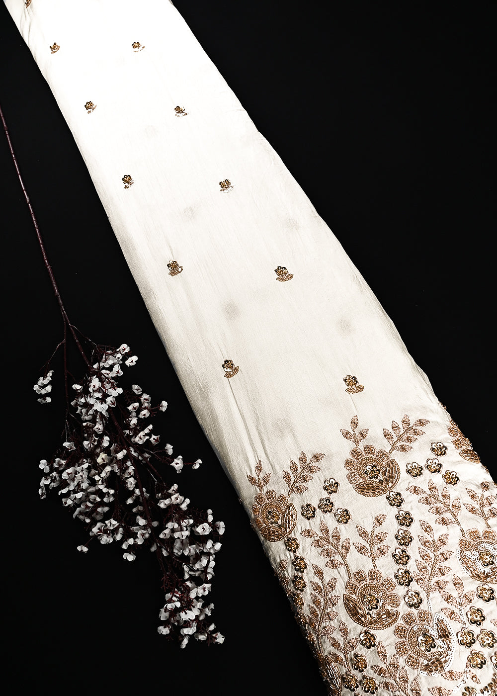 White Dyeable Dola Silk Fabric With All Over Zari, Sequins And Katdana Work With One Side Heavy Border 24989