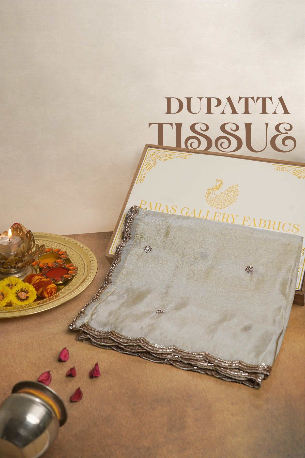 Golden Dyeable Tissue Dupatta All Over Zari, Sequins And Katdana Work 24990