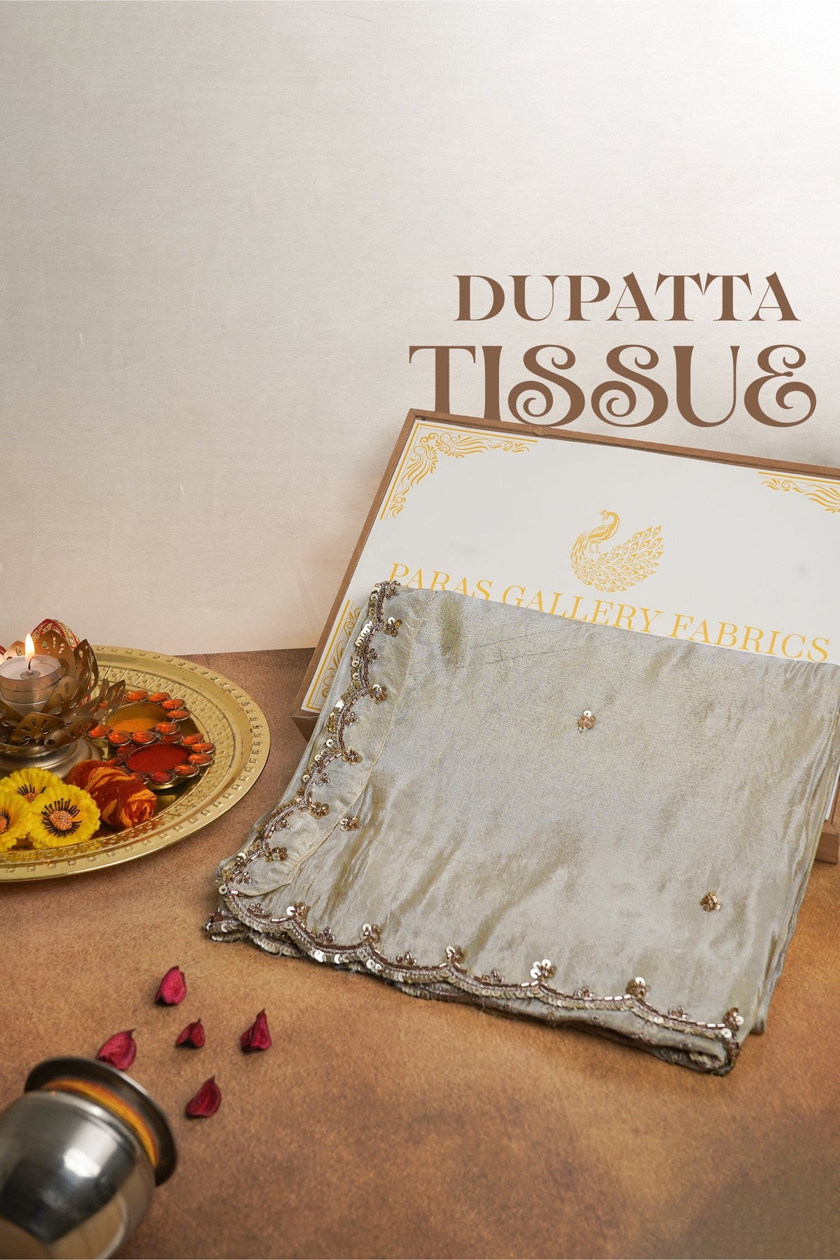 Golden Dyeable Tissue Dupatta All Over Zari, Sequins And Katdana Work 24993