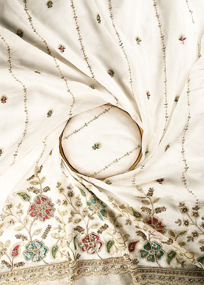 White Dyeable Organza Fabric With All Over Thread, Zari, Sequins And Katdana Work With One Side Border 24994