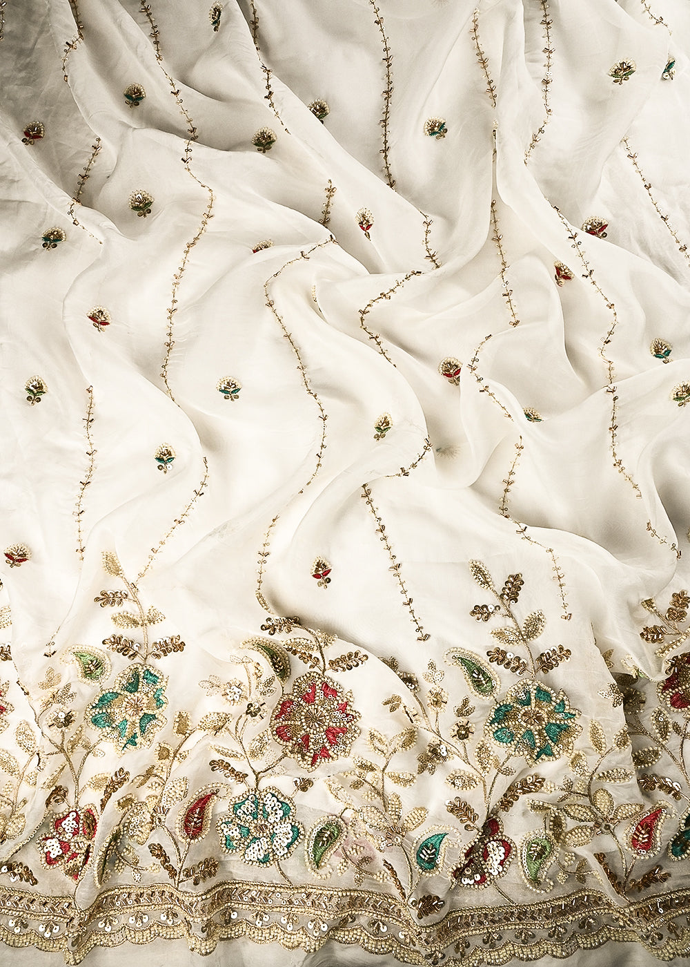 White Dyeable Organza Fabric With All Over Thread, Zari, Sequins And Katdana Work With One Side Border 24994