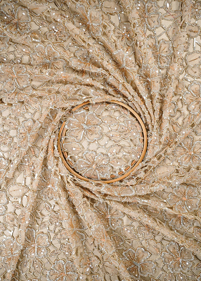Beige Imported Net Fabric With All Over Sequins, Katdana And Laser Cutwork 24996