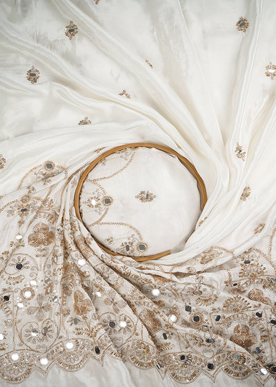 White Dyeable Crepe Fabric With All Over Zari, Sequins, Katdana And Faux Mirror Work One Side Border 24999