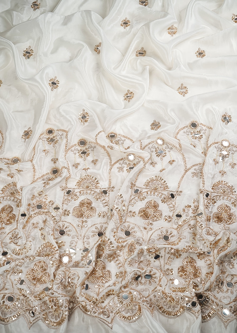 White Dyeable Crepe Fabric With All Over Zari, Sequins, Katdana And Faux Mirror Work One Side Border 24999