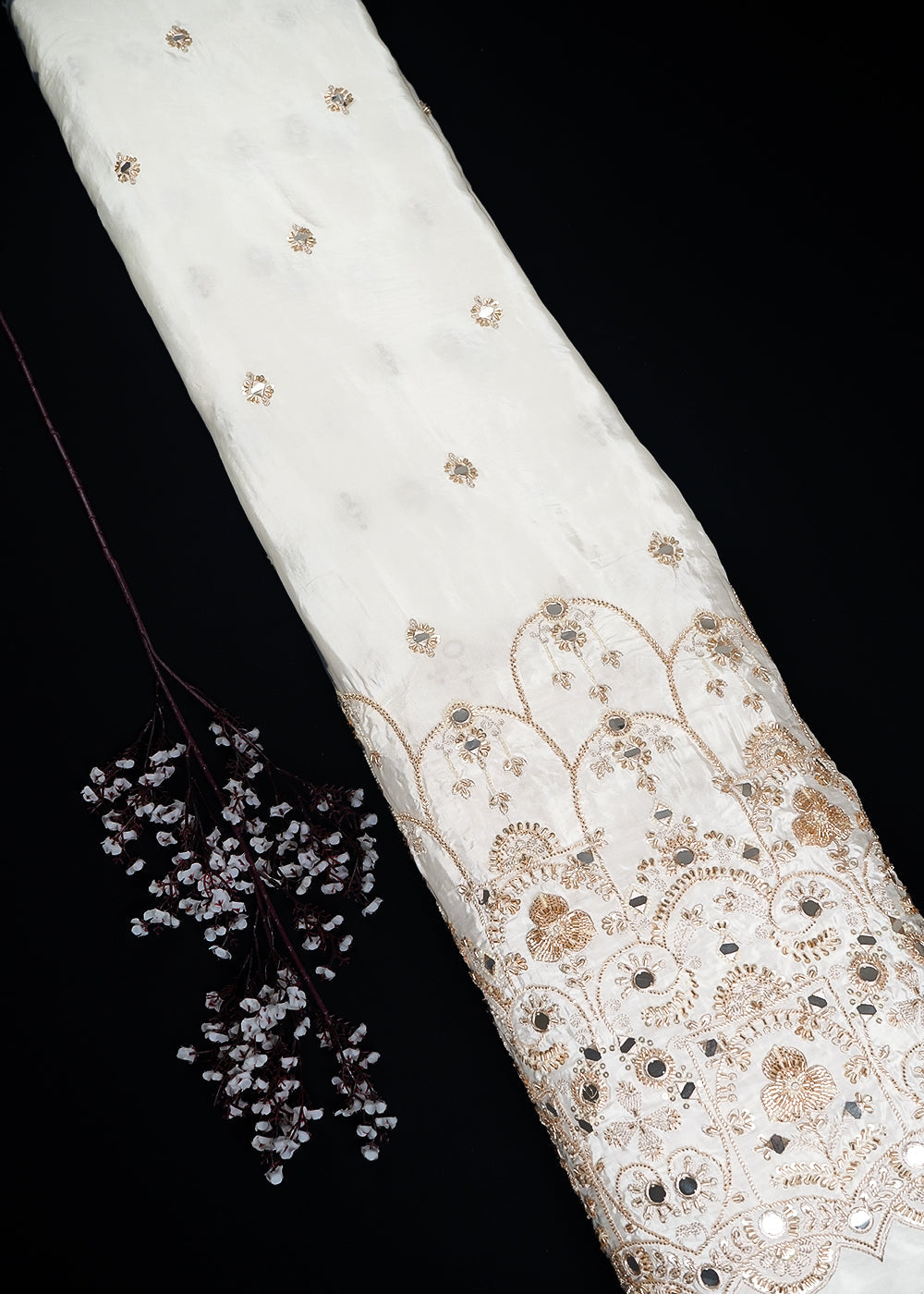 White Dyeable Crepe Fabric With All Over Zari, Sequins, Katdana And Faux Mirror Work One Side Border 24999