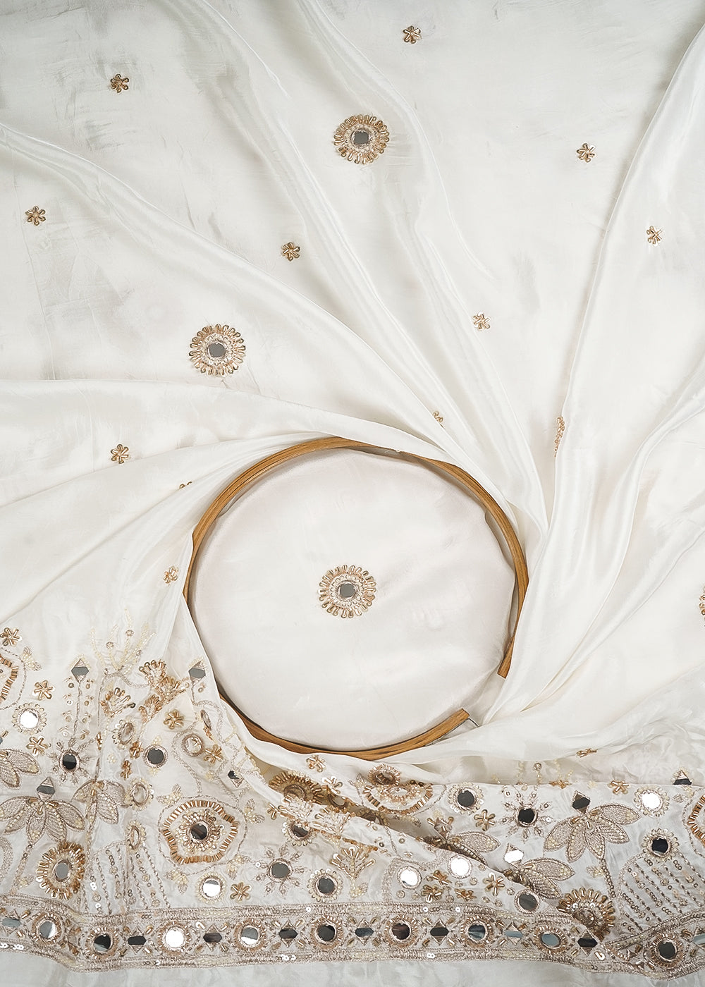 White Dyeable Crepe Fabric With All Over Zari, Sequins, Katdana And Faux Mirror Work One Side Border 25000
