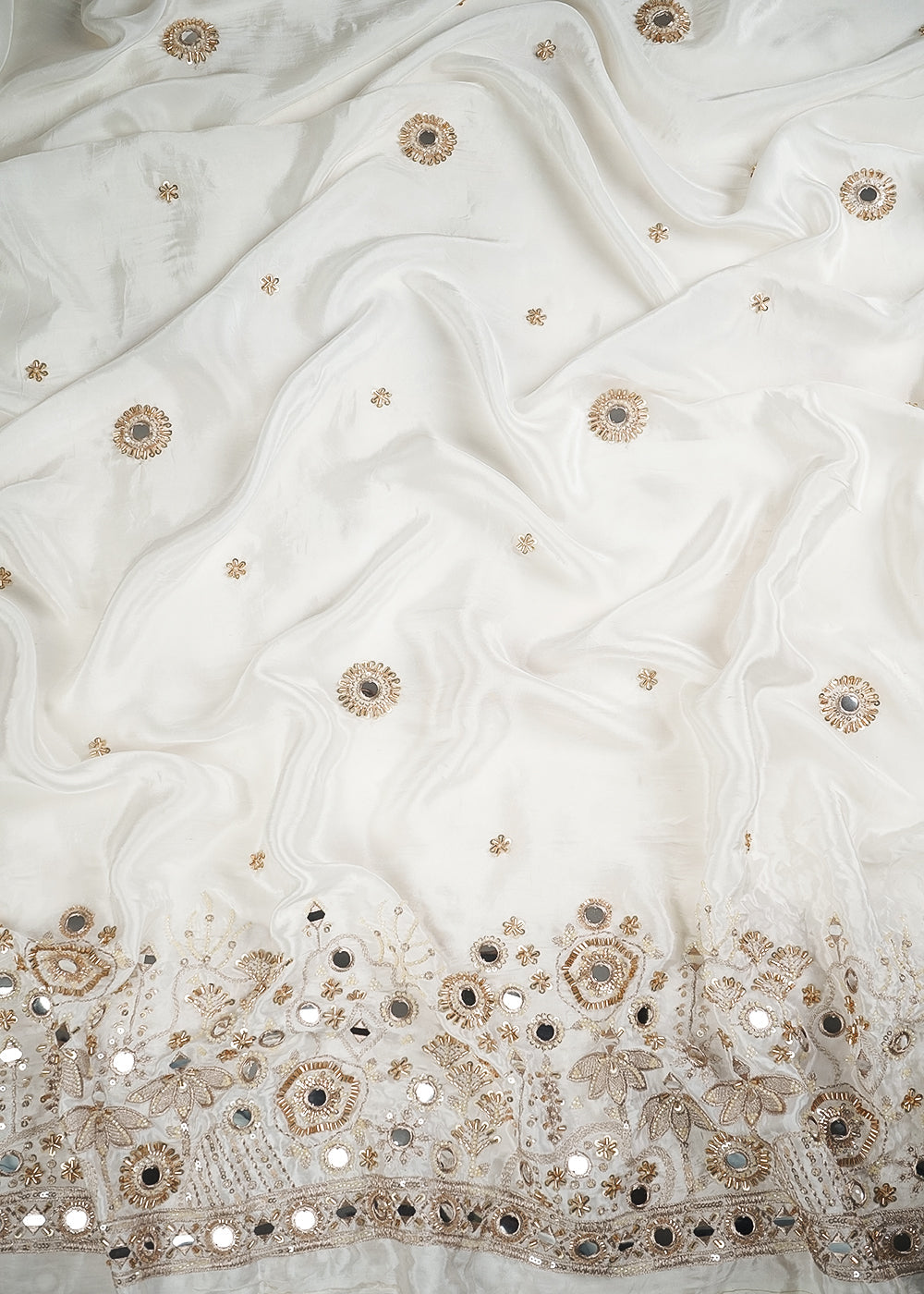 White Dyeable Crepe Fabric With All Over Zari, Sequins, Katdana And Faux Mirror Work One Side Border 25000