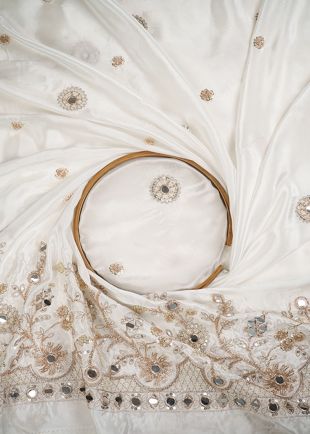 White Dyeable Crepe Fabric With All Over Zari, Sequins, Katdana And Faux Mirror Work One Side Border 25001