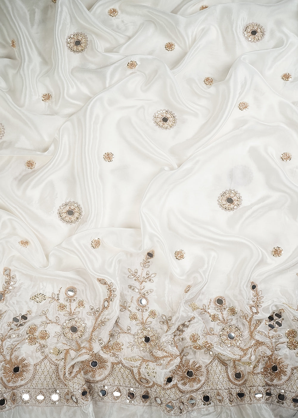 White Dyeable Crepe Fabric With All Over Zari, Sequins, Katdana And Faux Mirror Work One Side Border 25001