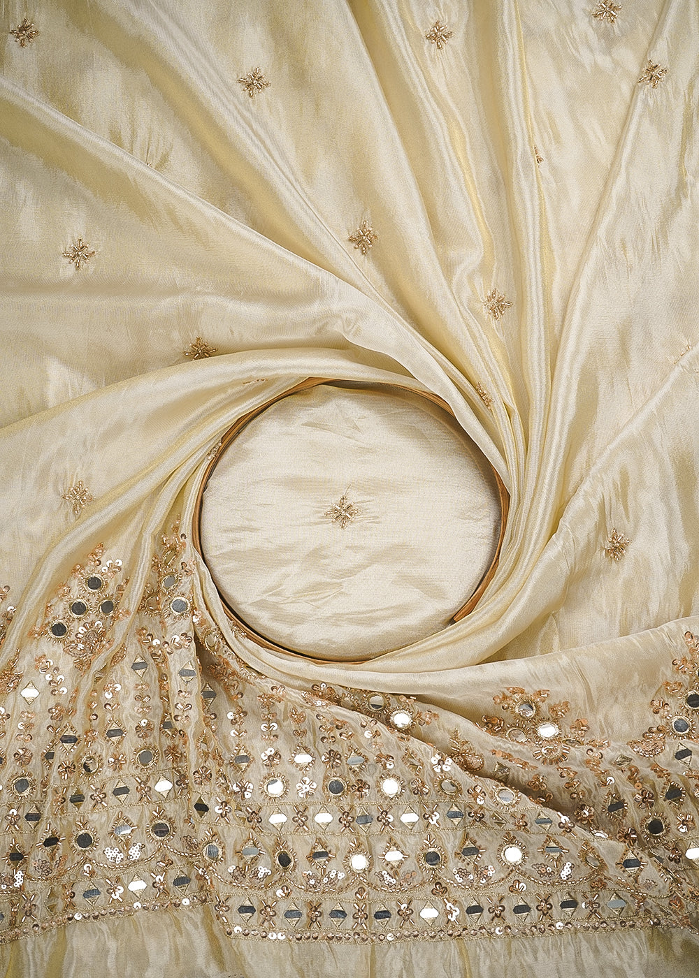 Golden Dyeable Tissue Fabric With All Over Zari, Sequins, Katdana, Bead And Faux Mirror Work With One Side Heavy Border 25002