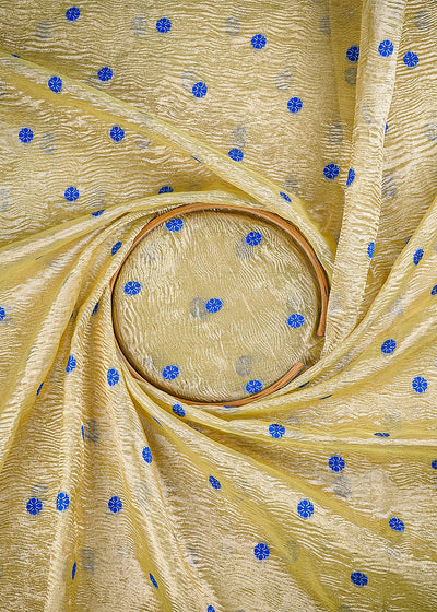 Golden Crushed Tissue Fabric With All Over Buti Of Blue Thread Handloom 25009