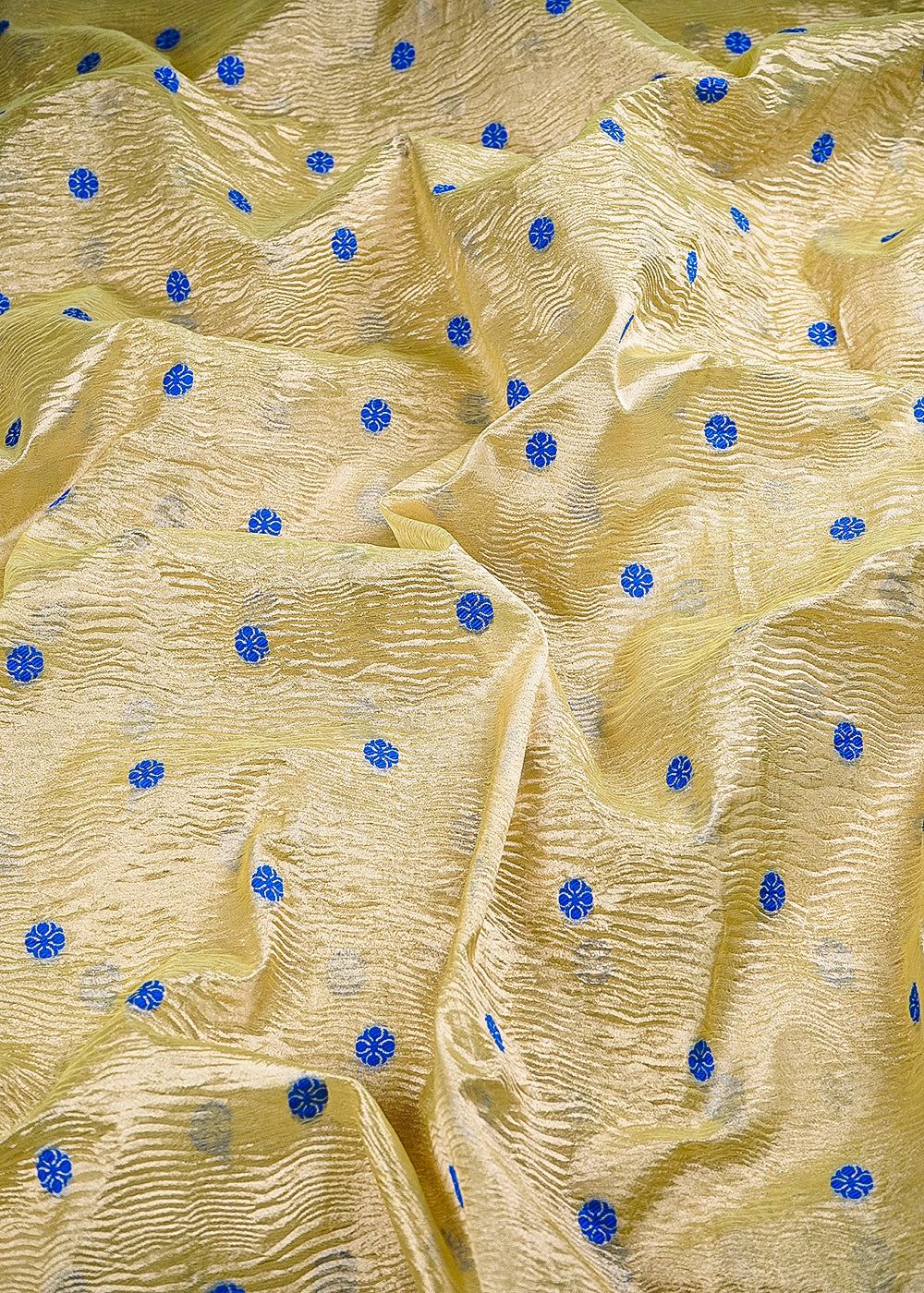 Golden Crushed Tissue Fabric With All Over Buti Of Blue Thread Handloom 25009