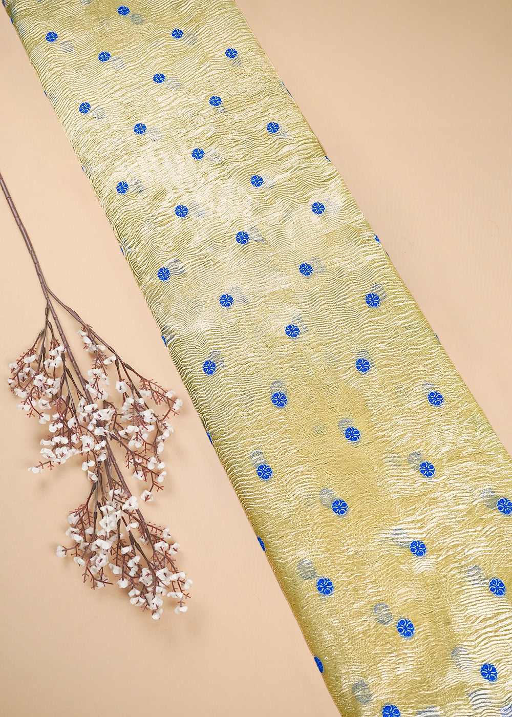 Golden Crushed Tissue Fabric With All Over Buti Of Blue Thread Handloom 25009