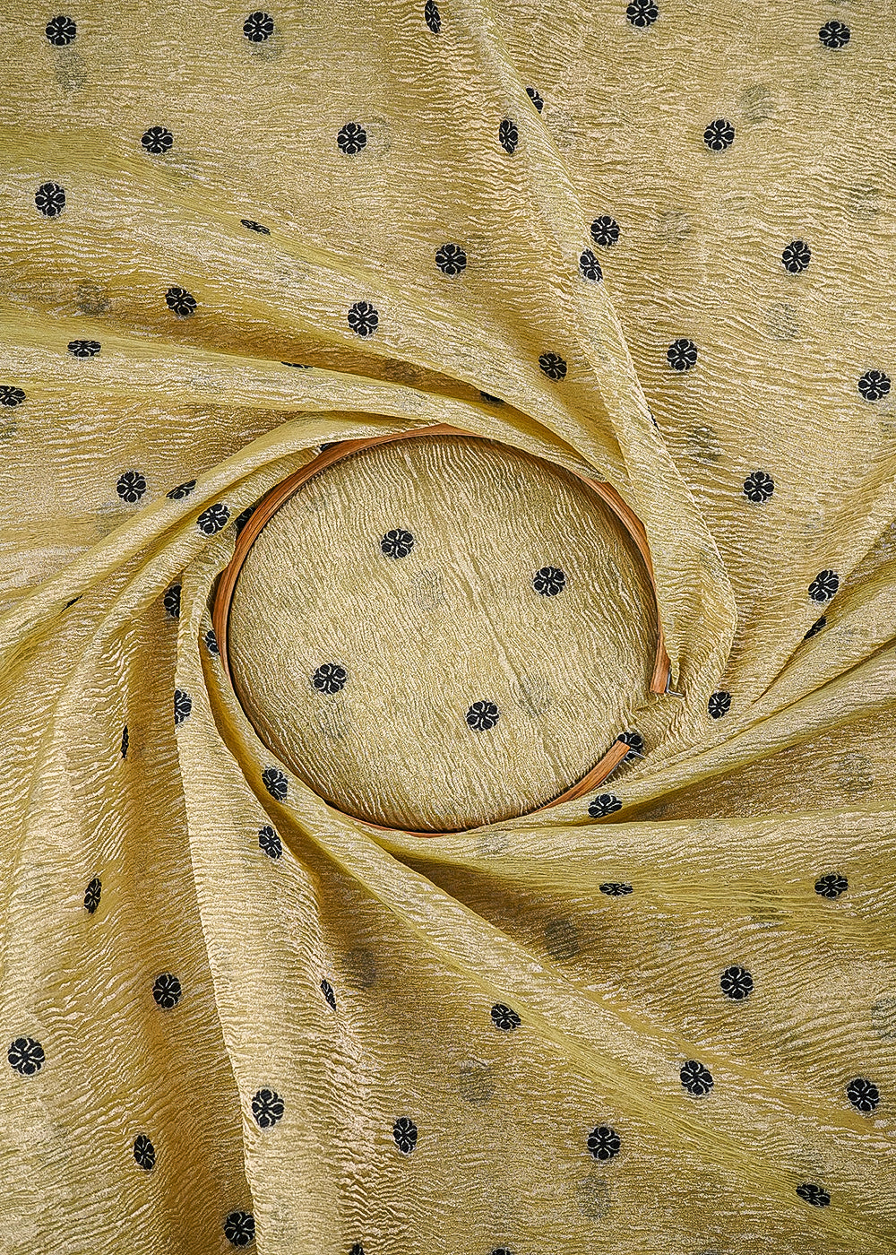 Golden Crushed Tissue Fabric With All Over Buti Of Black Thread Handloom 25010