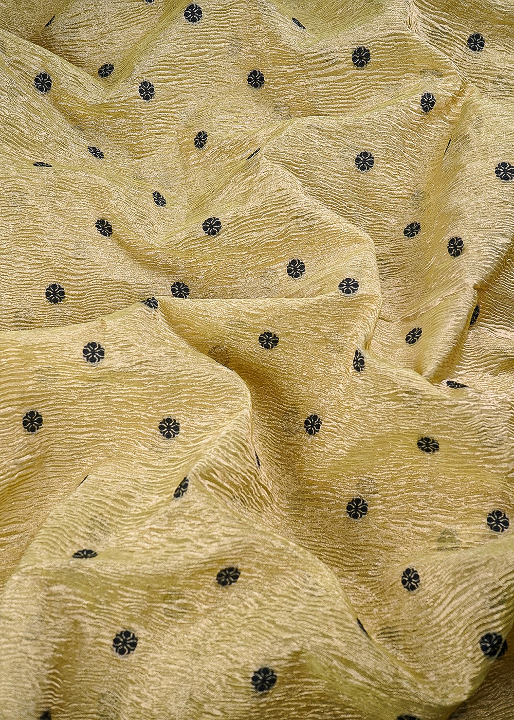 Golden Crushed Tissue Fabric With All Over Buti Of Black Thread Handloom 25010