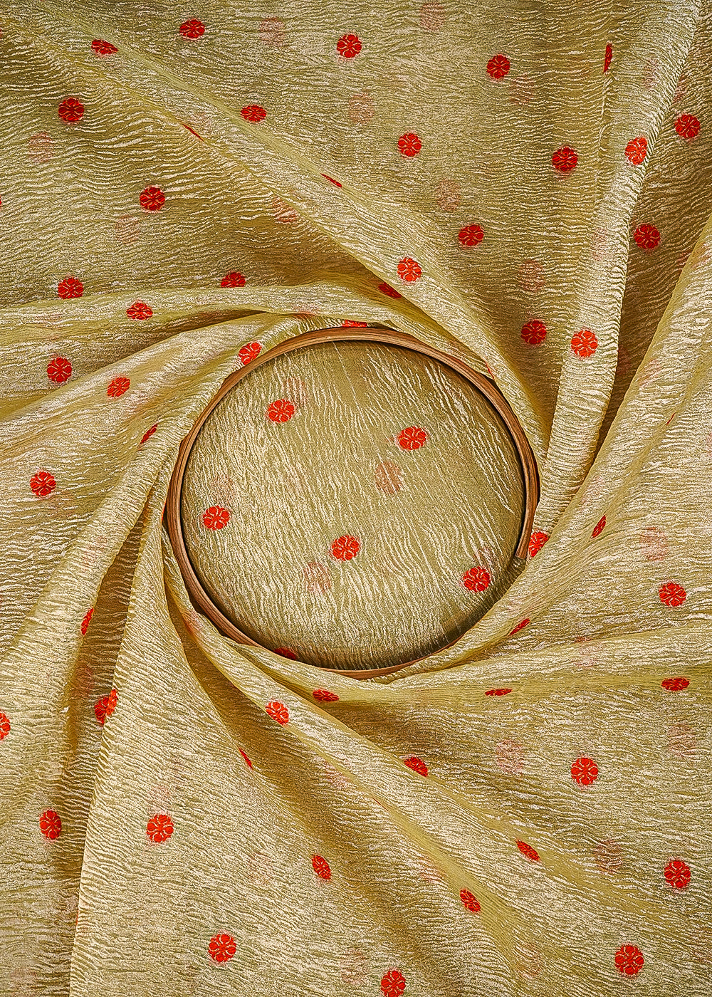 Golden Crushed Tissue Fabric With All Over Buti Of Orange Thread Handloom 25011