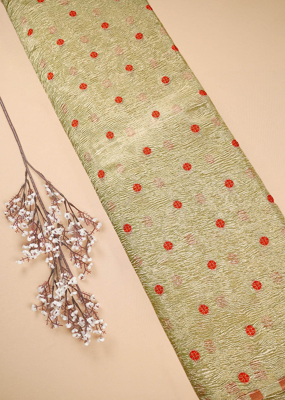 Golden Crushed Tissue Fabric With All Over Buti Of Orange Thread Handloom 25011