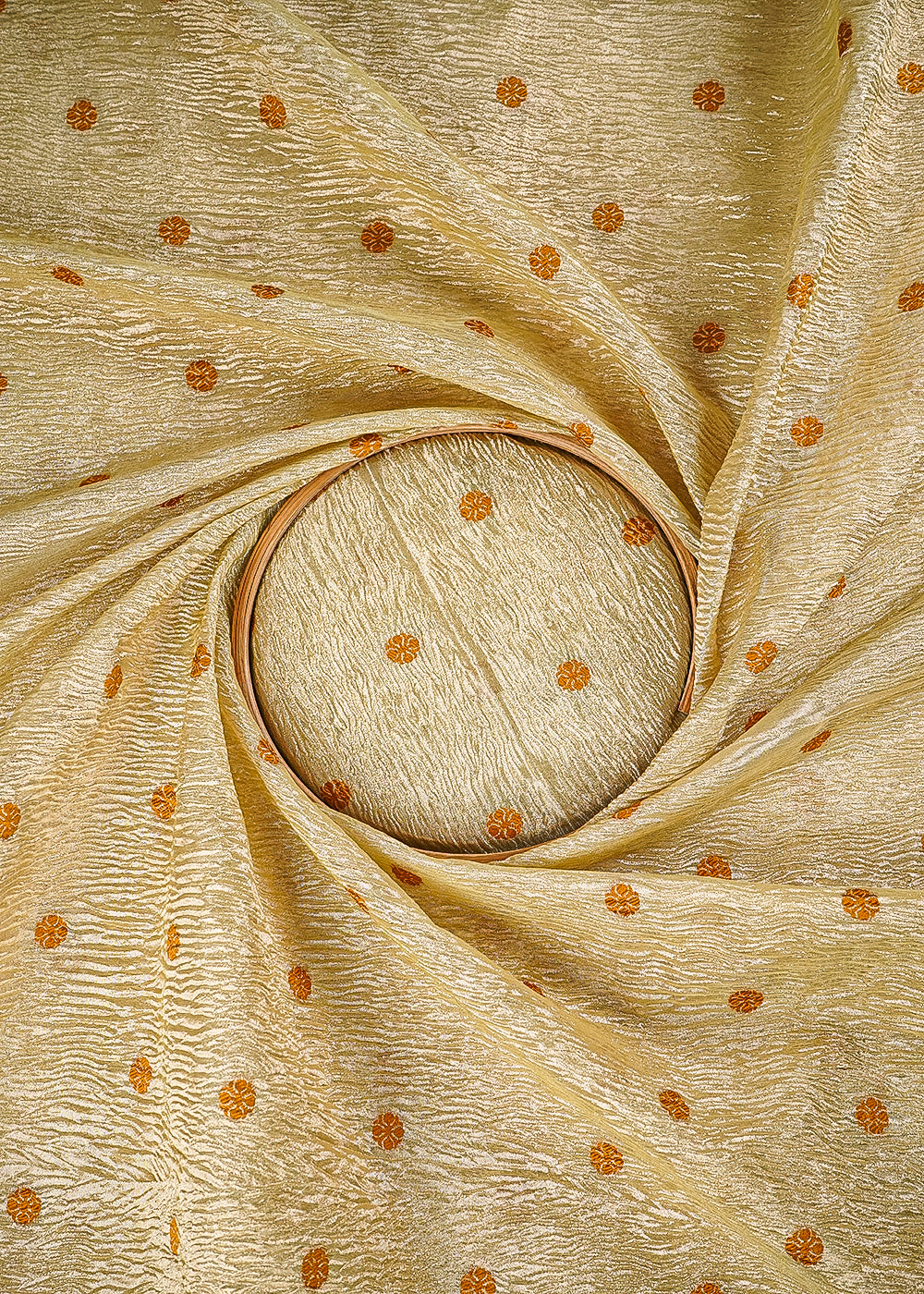 Golden Crushed Tissue Fabric With All Over Buti Of Mustard Thread Handloom 25012