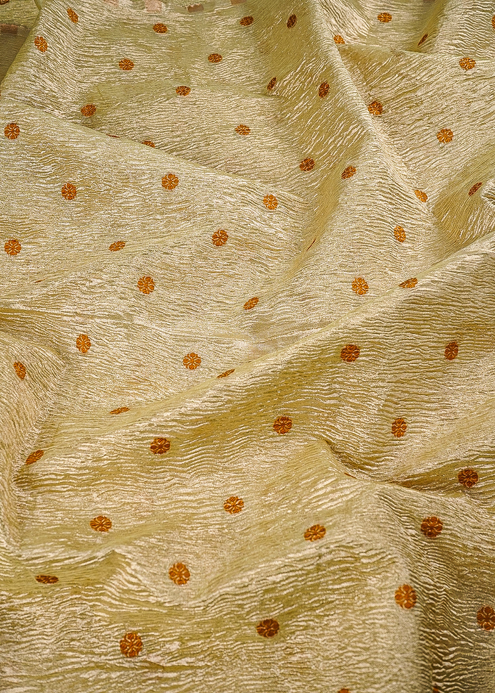 Golden Crushed Tissue Fabric With All Over Buti Of Mustard Thread Handloom 25012