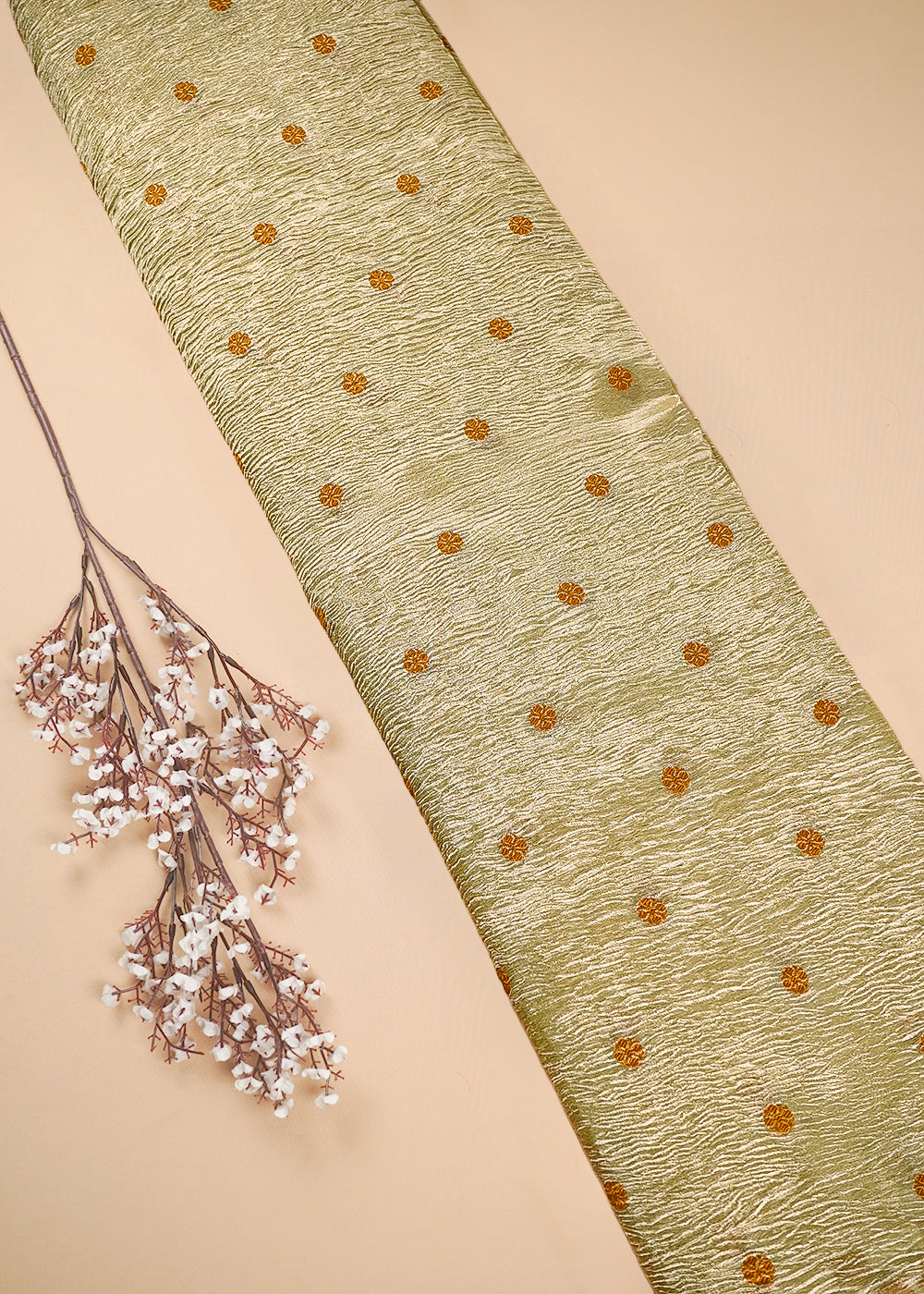 Golden Crushed Tissue Fabric With All Over Buti Of Mustard Thread Handloom 25012