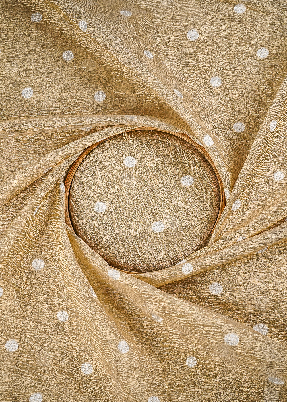 Golden Crushed Tissue Fabric With All Over Buti Of White Thread Handloom 25013