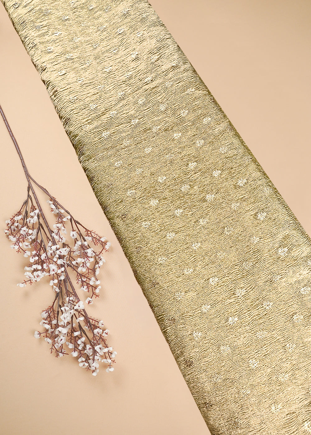 Golden Crushed Tissue Fabric With All Over Zari Handloom 25015