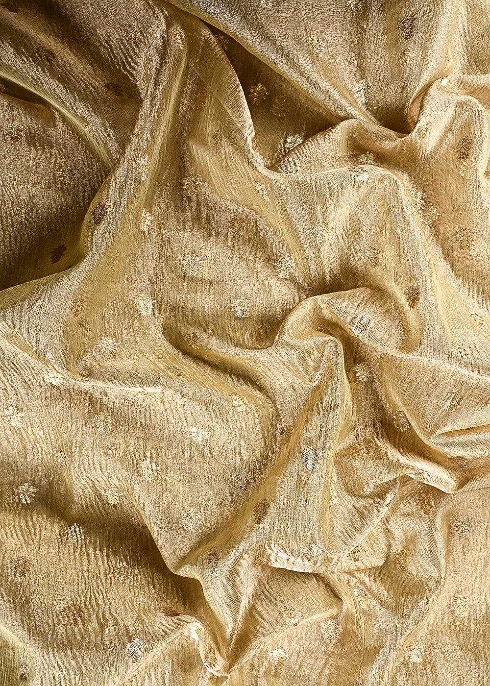 Golden Crushed Tissue Fabric With All Over Zari Handloom 25016