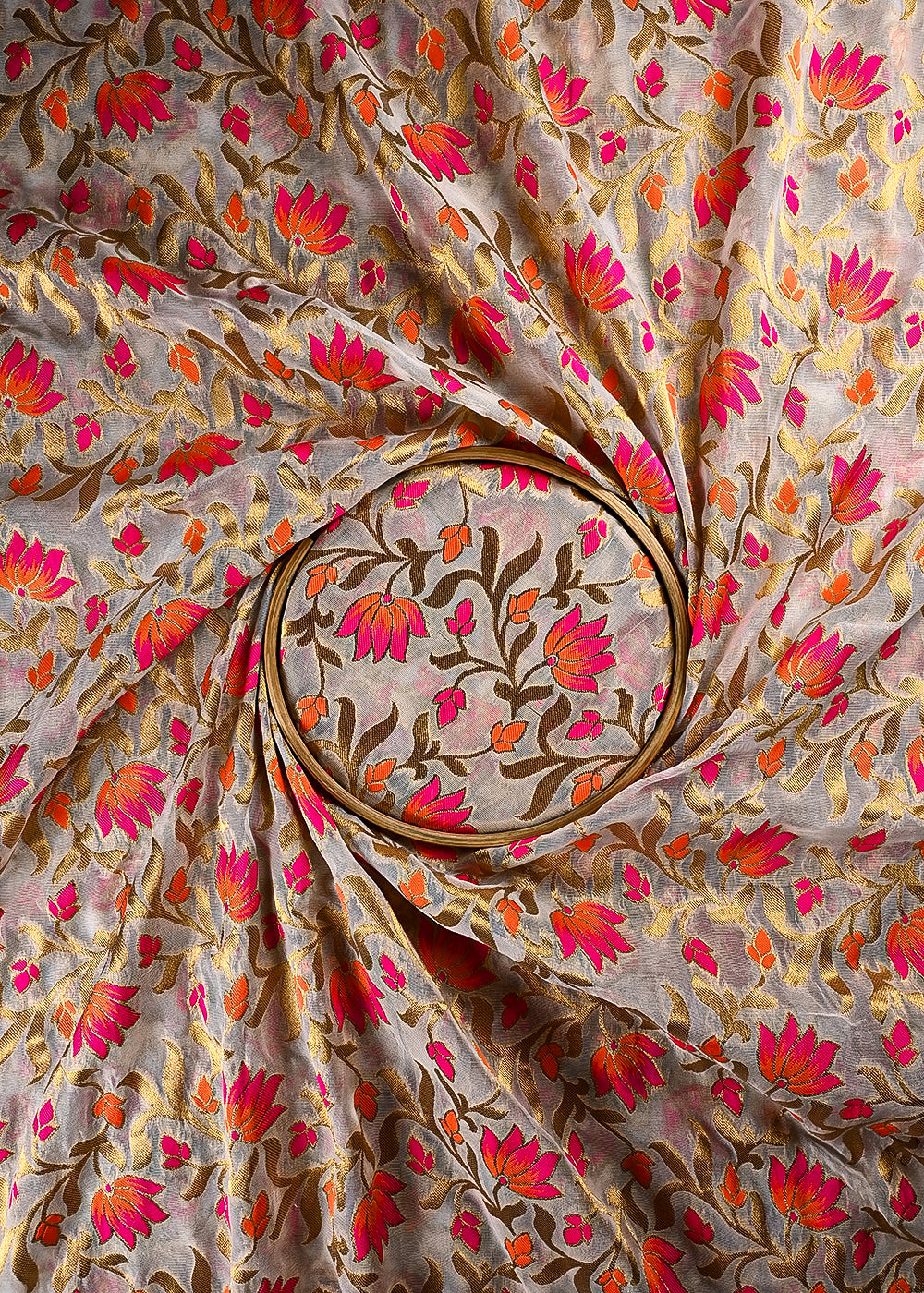 White Dyeable Organza Fabric With All Over Thread And Zari Handloom 25019