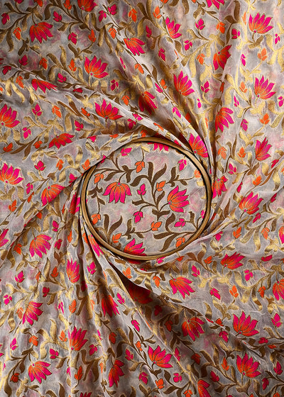 White Dyeable Organza Fabric With All Over Thread And Zari Handloom 25019