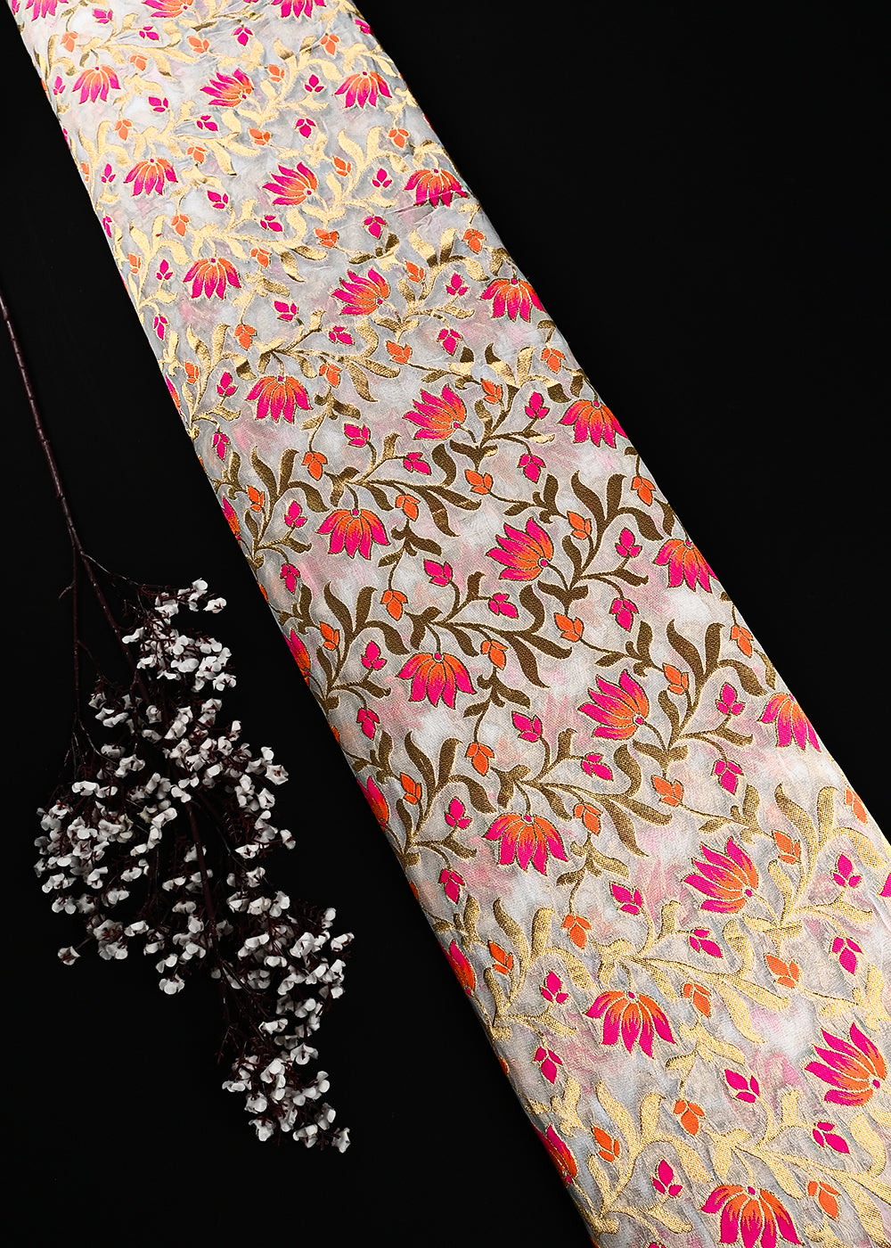 White Dyeable Organza Fabric With All Over Thread And Zari Handloom 25019