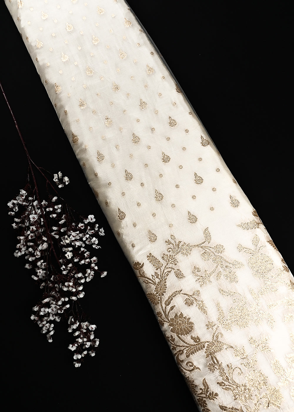 White Dyeable Silk Fabric With All Over Zari Handloom 25021