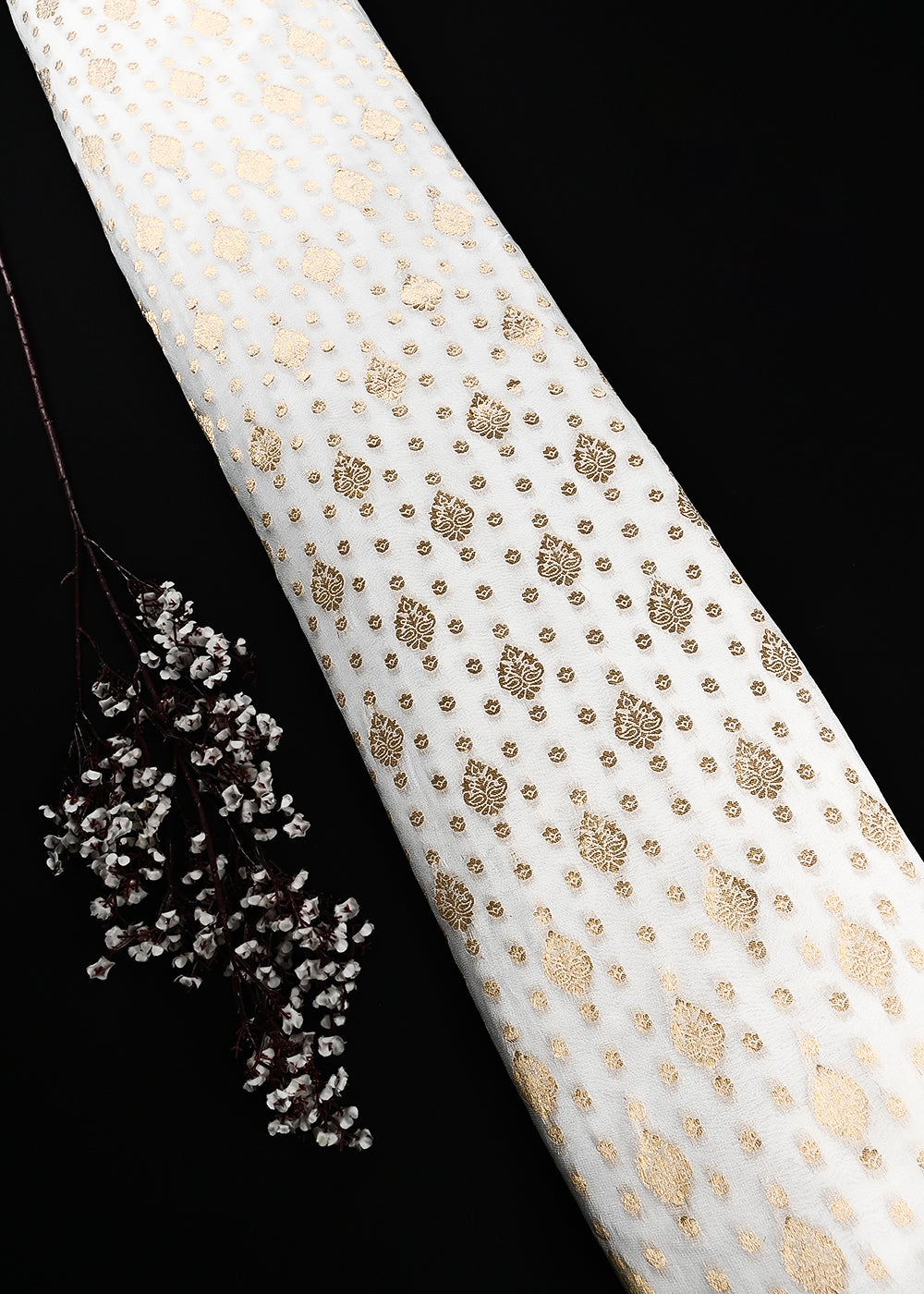 White Dyeable Georgette Fabric With All Over Zari Handloom 25036