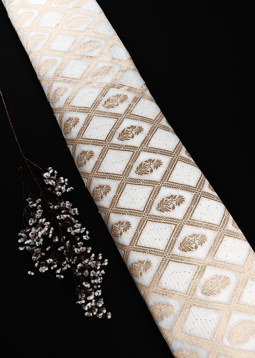 White Dyeable Georgette Fabric With All Over Zari Handloom 25041