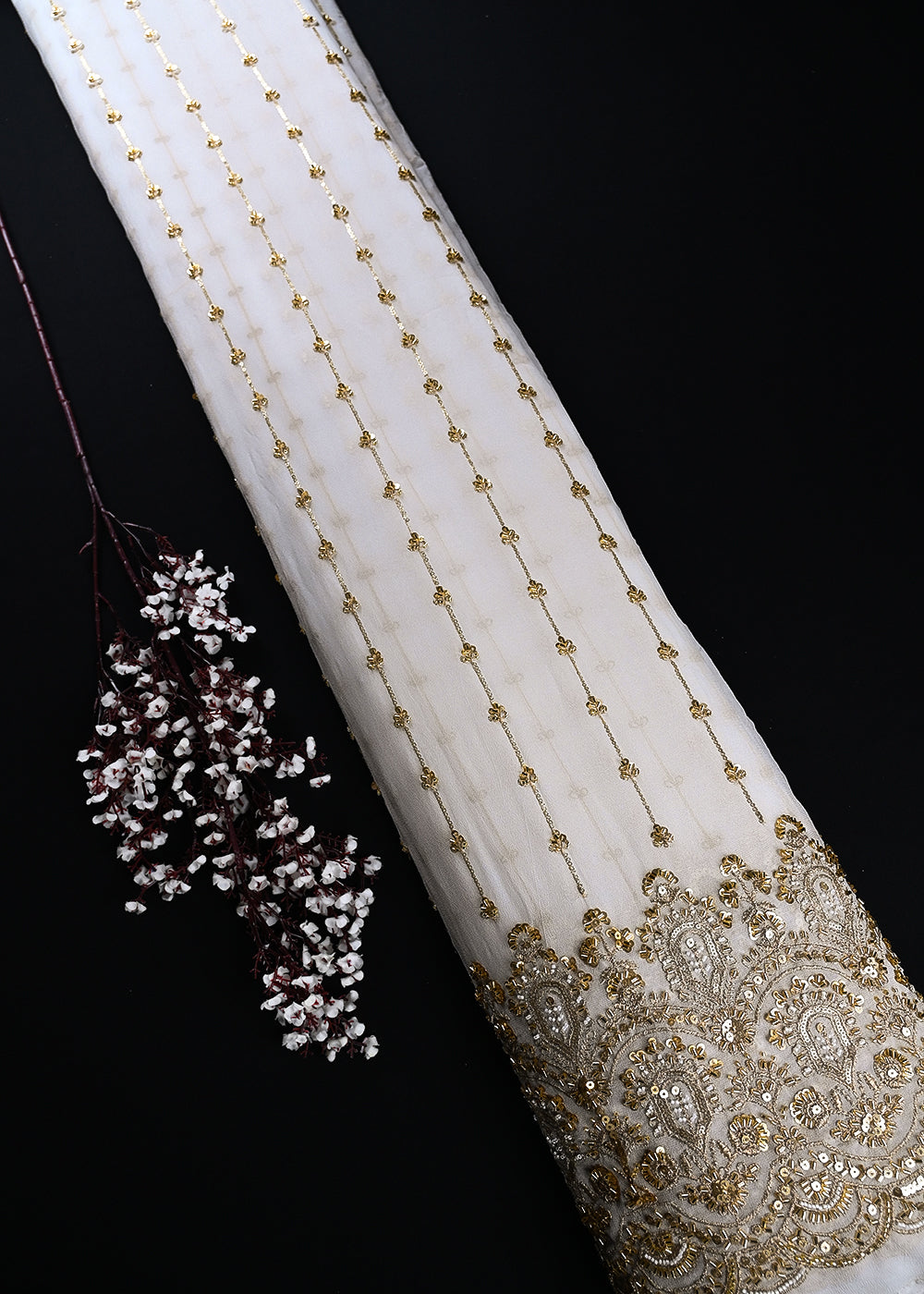 White Dyeable Georgette Fabric With All Over Zari, Sequins And Katdana Work With One Side Heavy Border 25060