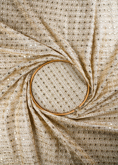 White Dyeable Georgette Fabric With All Over Zari And Faux Mirror Work 25063