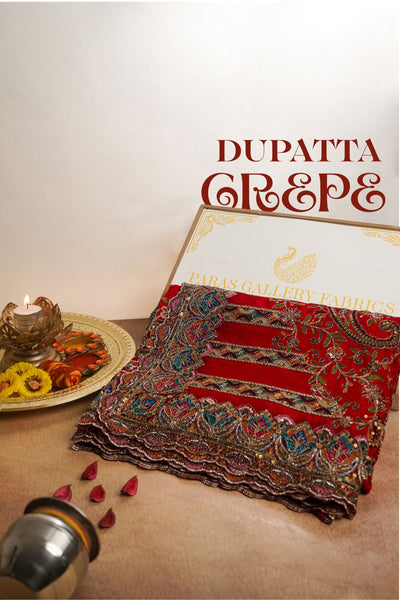Red Crepe Dupatta All Over Zari And Sequins Work 25066
