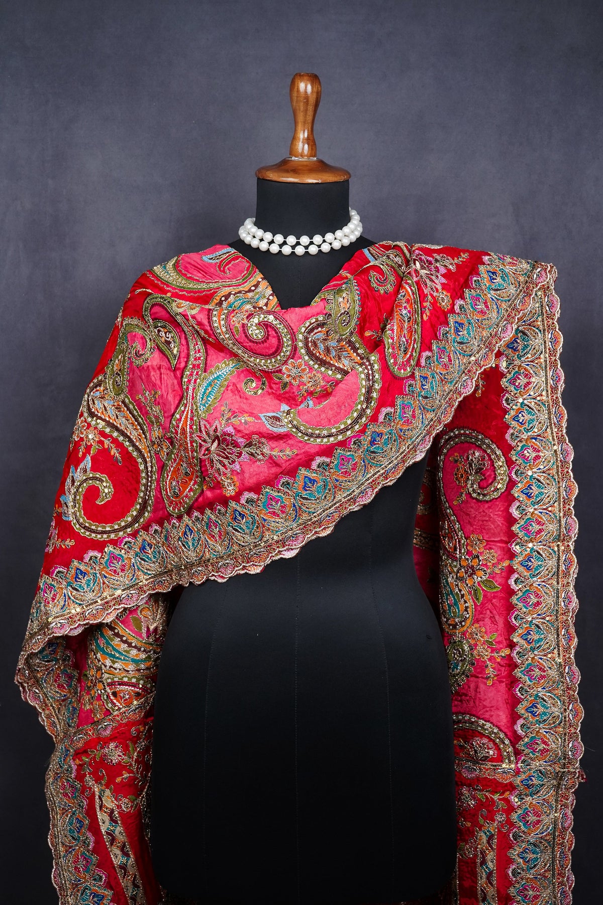 Red Crepe Dupatta All Over Zari And Sequins Work 25066